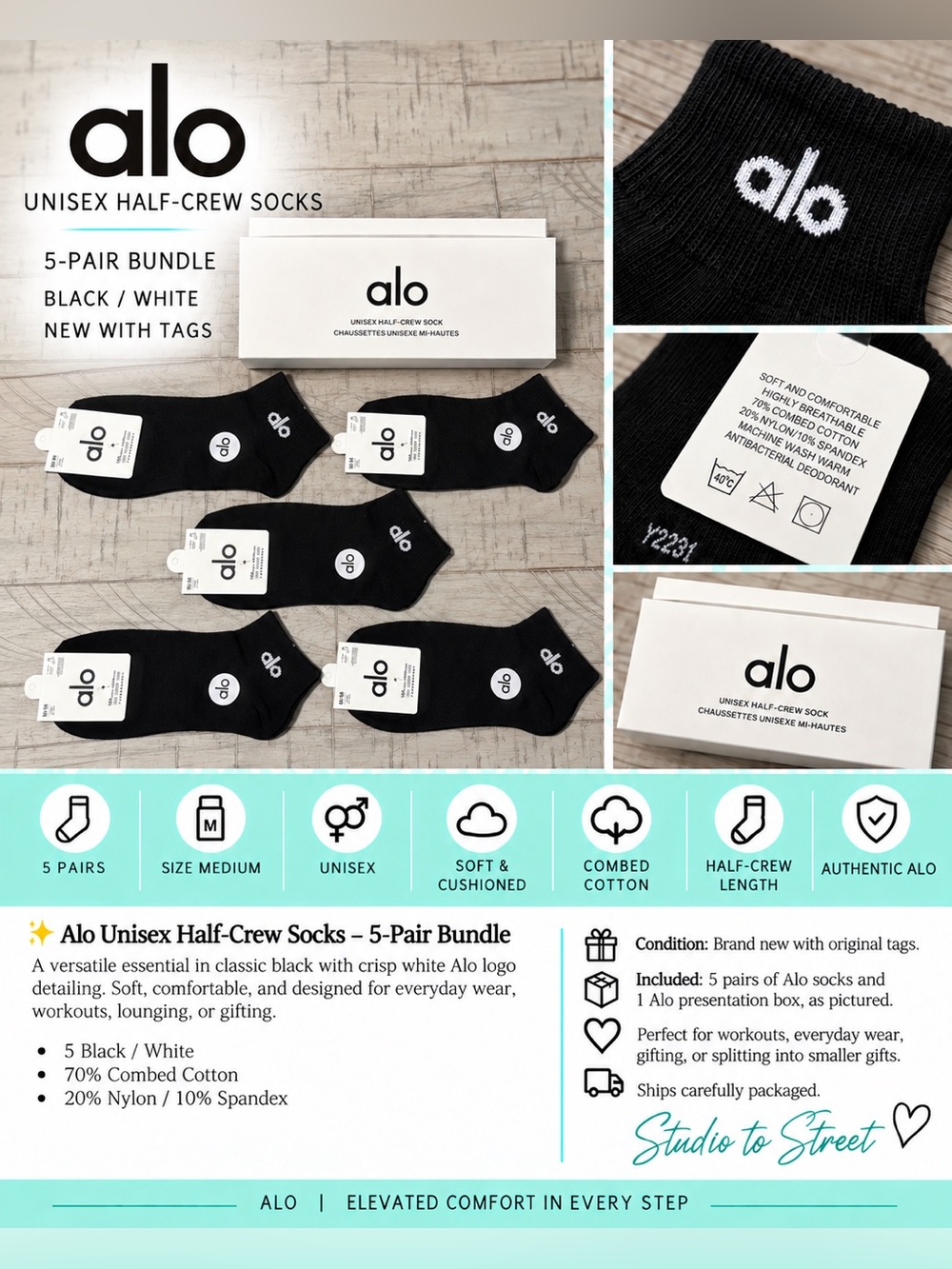 ALO Yoga Black & White Half-Crew Athletic Socks - 5 Pairs (Size Medium)